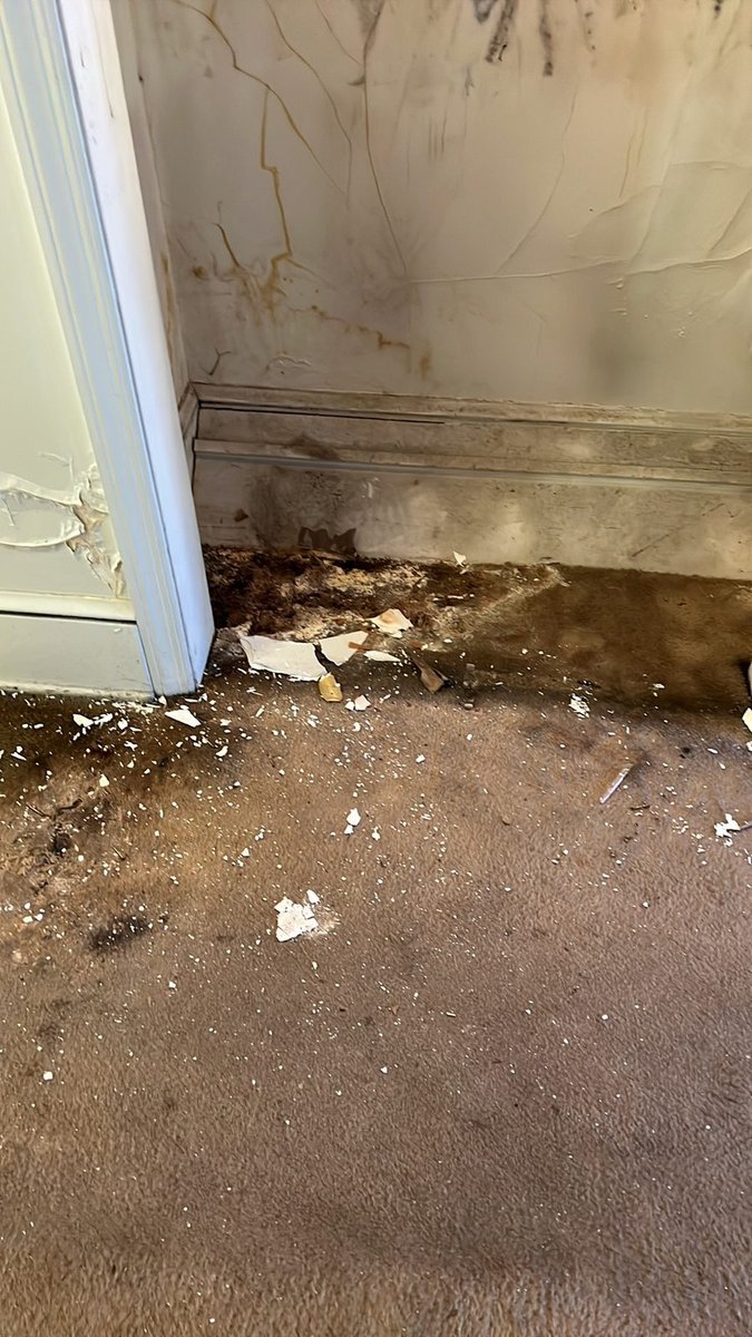 Interior before repair — water-stained plaster and damaged trim